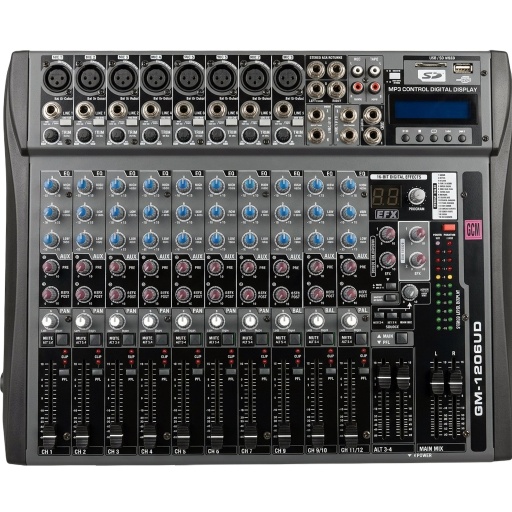 Consola de sonido profesional de 12 canales de mezcla con efectos digitales integrados GM-1206UD