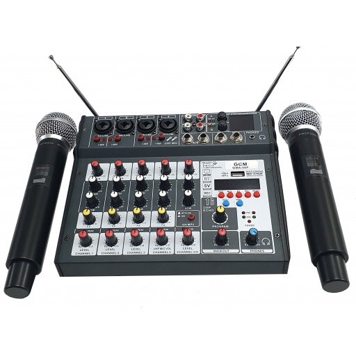 CONSOLA MIXER AUDIO 6 CANALES CON 2 MICROS INALAMBRICOS REC BT USB GMA-06P