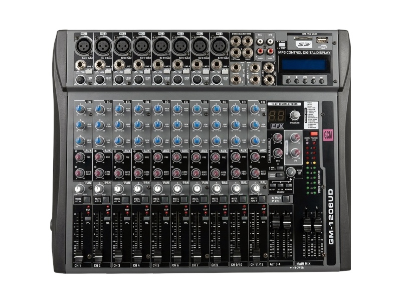 Consola de sonido profesional de 12 canales de mezcla con efectos digitales integrados GM-1206UD